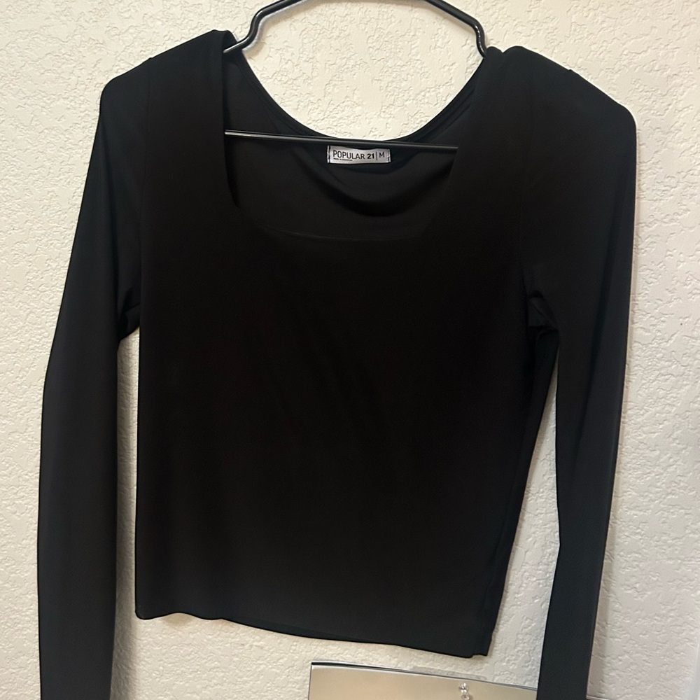 Forever 21 Black Square Neck Long Sleeve Top